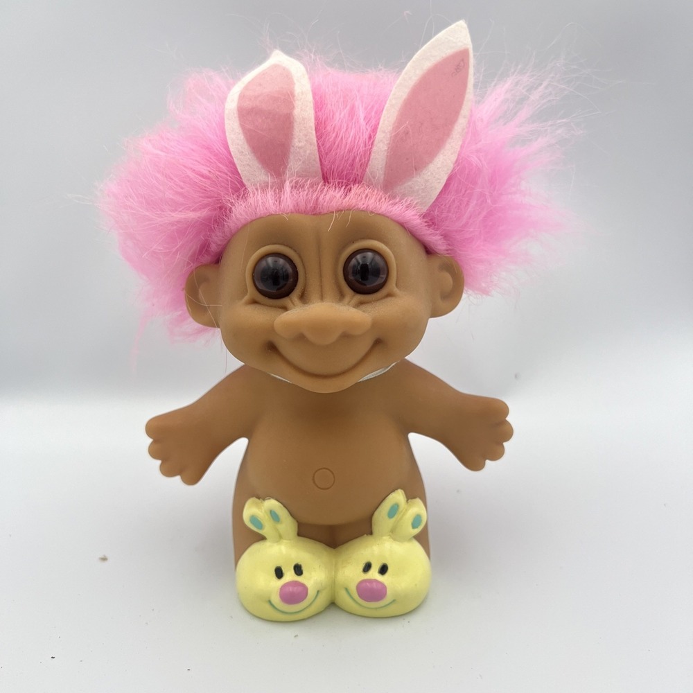 Vintage 1990s Russ Berrie Easter Bunny Slippers Troll Doll Pink Hair&bunny ears